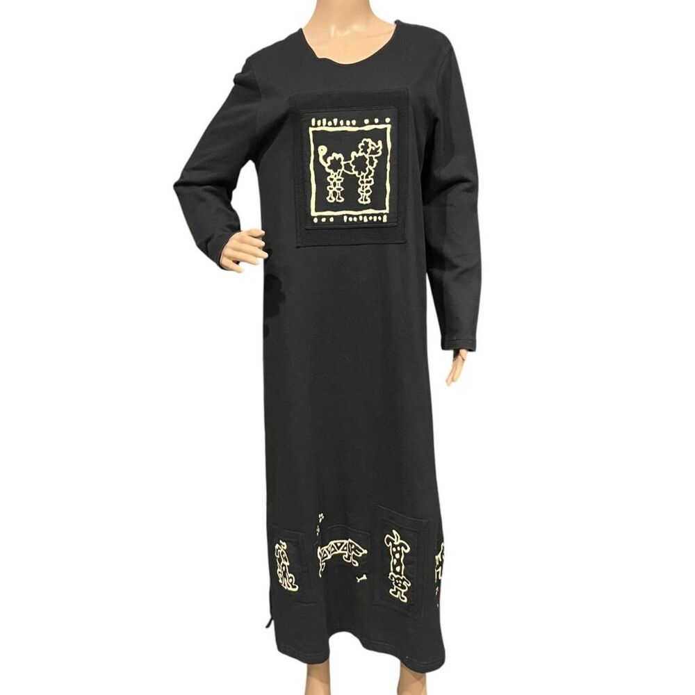 Rare CITE Vintage BLACK Long Sleeve Maxi Dress Dog Artwork (Cream)  Sz L